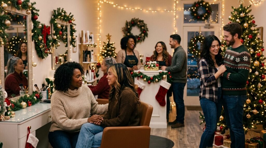 cast of a very merry beauty salon