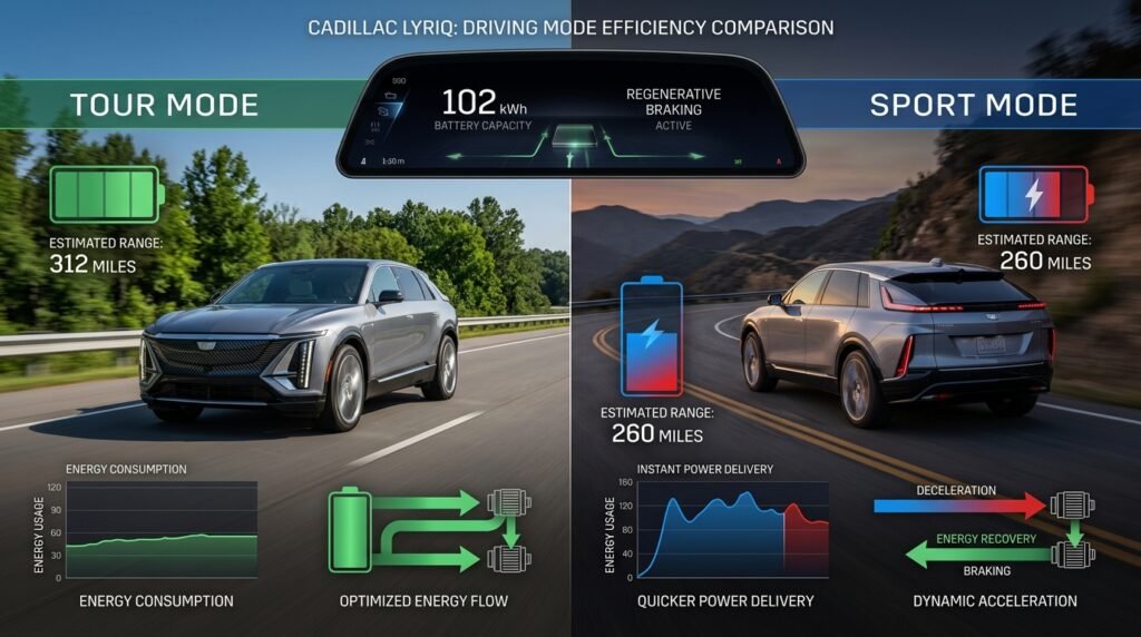 do the driving modes in cadillac lyriq offer different ranges or battery usages