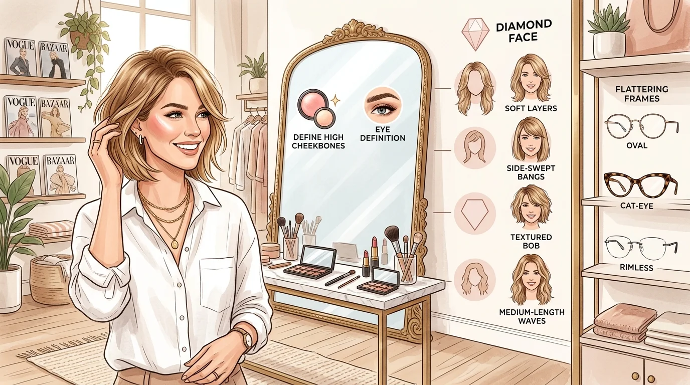 Diamond Face Shape: Best Hairstyles, Makeup Tips & Glasses That Flatter You
