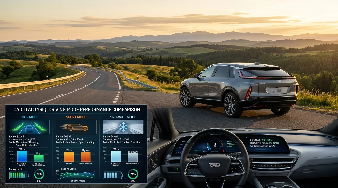 do the driving modes in cadillac lyriq offer different ranges or battery usages